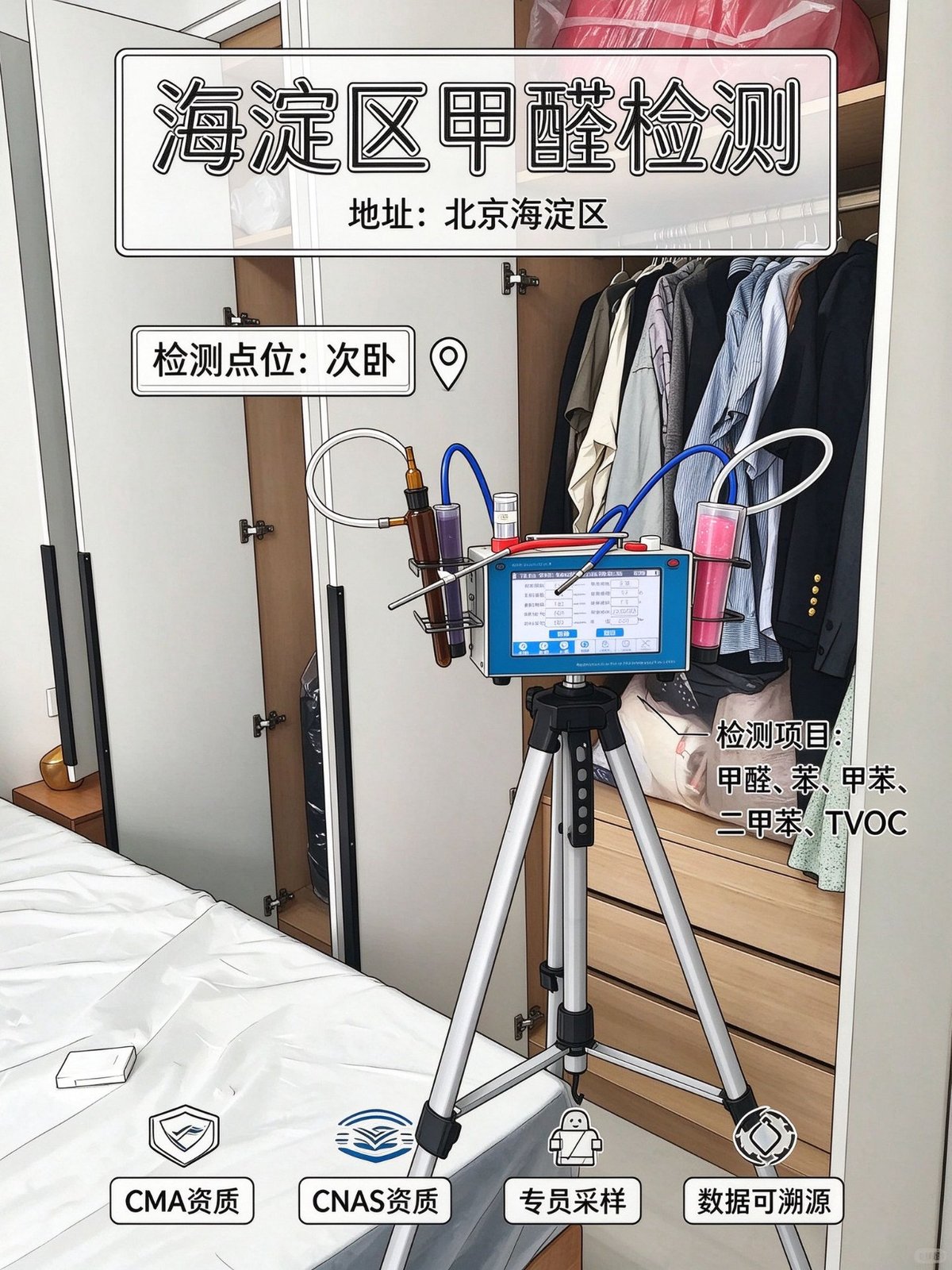 北京海淀区住宅室内空气检测现场:次卧衣柜旁采样点位