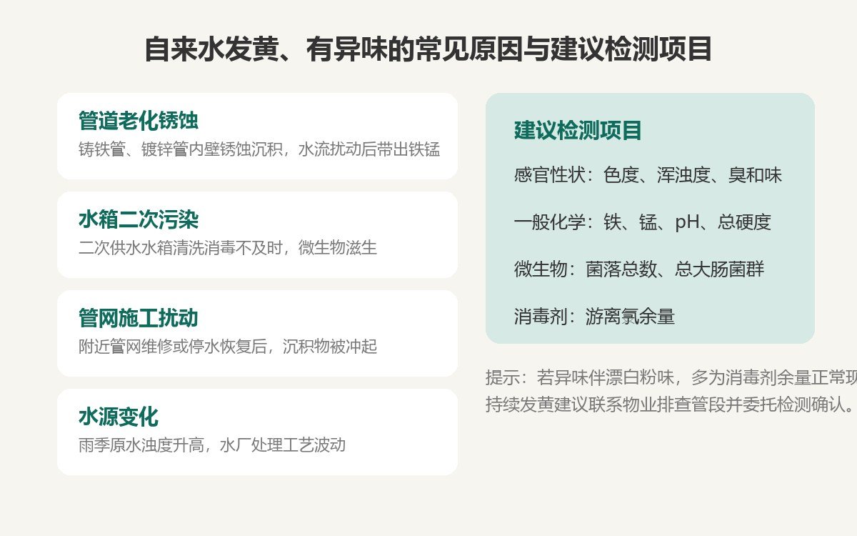 自来水发黄有异味的常见原因与建议检测项目图